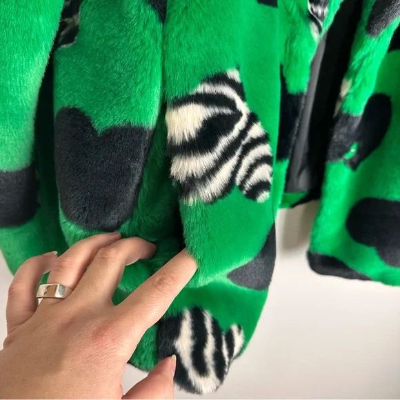 Maeve by Anthropologie Faux Fur Coat Green Black Multi Hearts Sz Medium NWT - Picture 12 of 16
